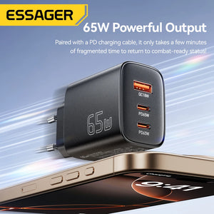 ESSAGER 65W GaN USB-C Charger with Quick Charge 4.0 and Power Delivery - Black