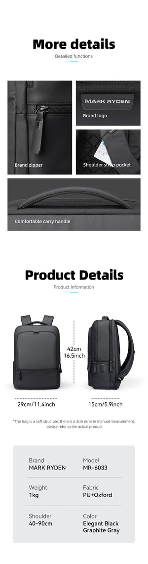 MARK RYDEN MR6033 Compact Durable Waterproof Business and Laptop Backpack