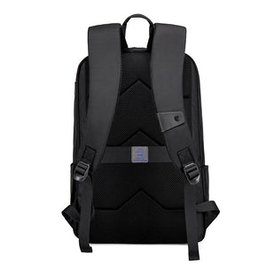 Black travel backpack with breathable back panel, adjustable straps, and top handle