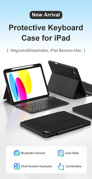 Protective iPad keyboard case with tablet on stand and detachable keyboard, black