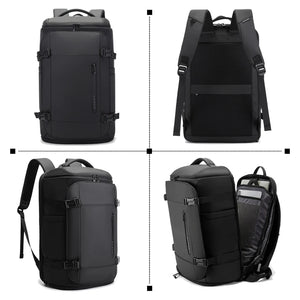 Waterproof business travel backpack shown from multiple angles with padded shoulder straps and buckles
