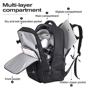 Black travel backpack with multi-compartment layout, including dry/wet separation pocket
