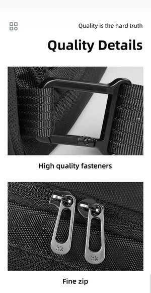 Black crossbody bag quality details with sturdy fasteners and fine zipper