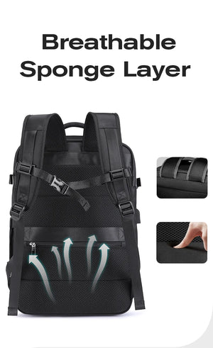 Black travel backpack with breathable sponge layer panel and adjustable shoulder straps