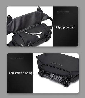 Black crossbody bag with flap zip pocket and adjustable binding strap