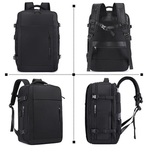 Black waterproof travel backpack shown from front, back, and side with adjustable straps