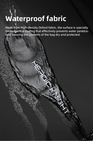 Waterproof textured fabric close-up on black roll-top travel backpack