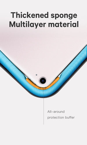 Protective laptop bag corner with blue foam bumper padding and button detail