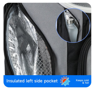 Grey travel backpack with insulated left side pocket and mesh-lined inner panel