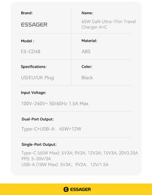 ESSAGER 65W Ultra Thin GaN Pro Travel USB Charger with Quick Charge 4.0 and PD3.0 - Black