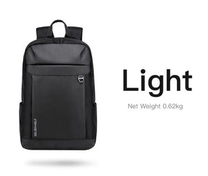 Black lightweight travel backpack with front pocket, top handle, and side straps
