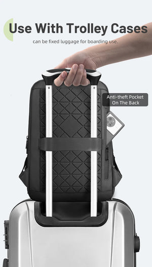 Black backpack with luggage strap and anti-theft back pocket