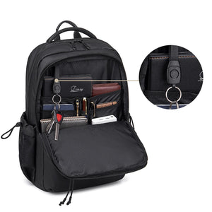 Black travel backpack with front organizer pocket and multiple zipper pulls