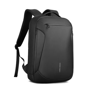 Black waterproof travel backpack with front zip pockets and padded shoulder straps