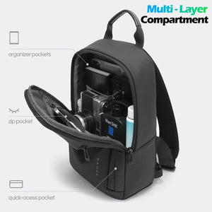 Sling bag interior view with multi-pocket organizer and zippered compartments in dark gray.