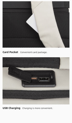 Backpack interior card pocket and USB charging port panel detail