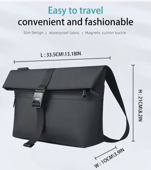 Black compact waterproof messenger bag with flap, magnetic buckle, and adjustable strap