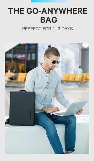Compact waterproof backpack worn by person using a laptop
