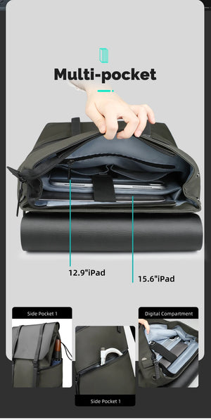 Waterproof travel backpack with open multi-pocket storage and two laptop compartments