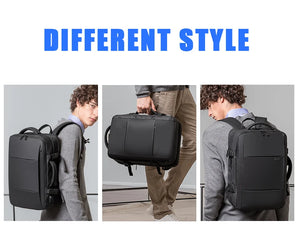 Black backpack shown in different carry styles: on back, hand carry, and side view