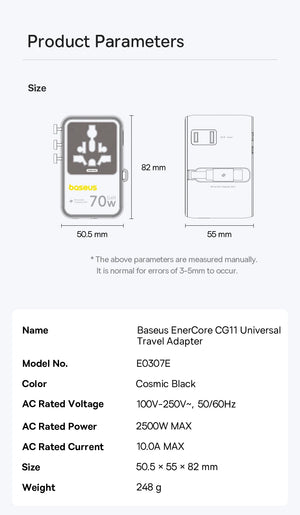 BASEUS PicoGo CG11 70W Universal Travel Adapter with Retractable Cable