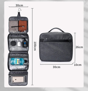 Open gray collapsible toiletries bag with multiple organizer sections and top handle
