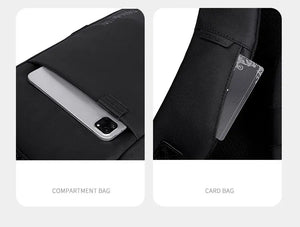 Black backpack with side card/holder pocket and internal compartment for phone