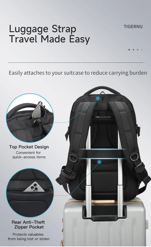 Black backpack with luggage strap system and anti-theft rear zipper pocket