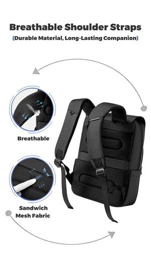 Black backpack with breathable padded shoulder straps and sandwiched mesh fabric