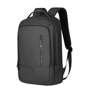 Black front backpack view with vertical zipper pocket and side attachment strap