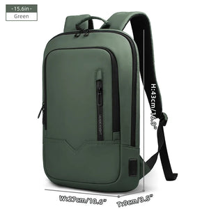 Lightweight waterproof compact backpack, dark green front zip pocket and USB charging port