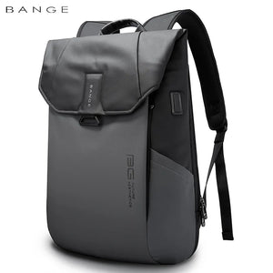 Grey waterproof roll-top travel backpack with front flap pocket and side zipper