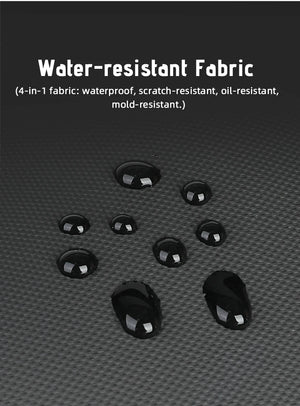 Black textured fabric surface with water-resistant finish and anti-scuff protection