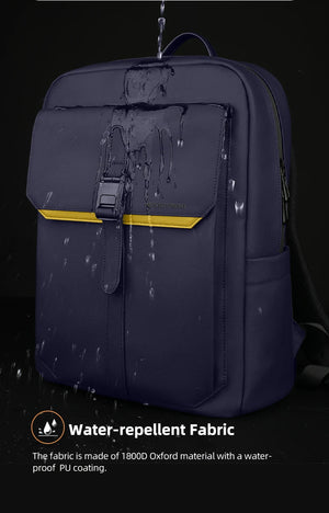 Navy waterproof commuter backpack front with water-repellent fabric finish