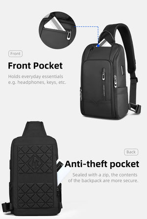 Black crossbody bag with zip front pocket and anti-theft back pocket