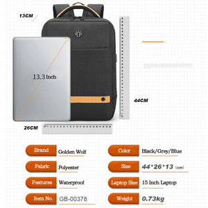 Black travel backpack with 15-inch laptop sleeve and padded back panel for comfort.