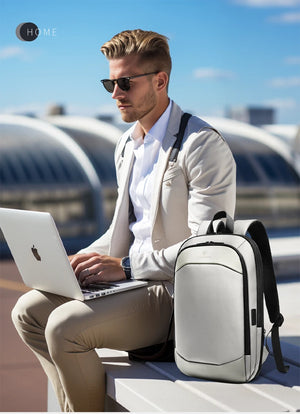 Person carrying light gray/black travel backpack outdoors with laptop