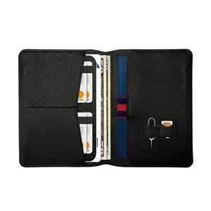 Black leather passport wallet opened, card slots and passport compartment with embossed icons