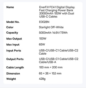 BASEUS EnerFill FC41 Digital Display Power Bank with Dual Cable