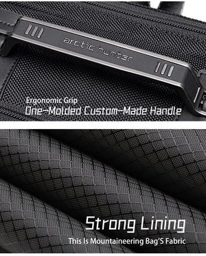 Black backpack handle grip and strong woven lining fabric detail