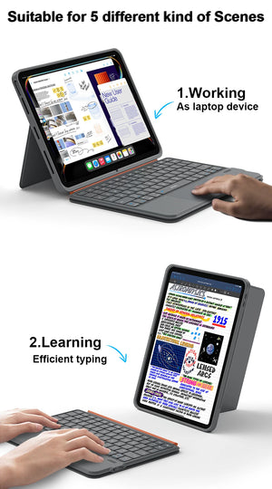 Gray keyboard case with stand, hands typing on a tablet held upright