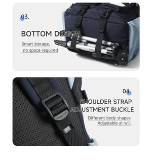 Bottom design close-up with straps and buckle hardware on blue travel backpack.