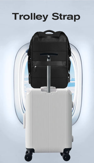 Black travel backpack with trolley strap for attaching to a rolling suitcase