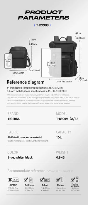 Black detachable waterproof crossbody backpack with front organizer pocket