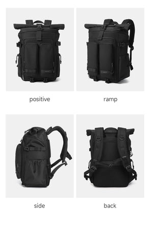 Black waterproof travel backpack with top flap, side pockets, and carry handles.