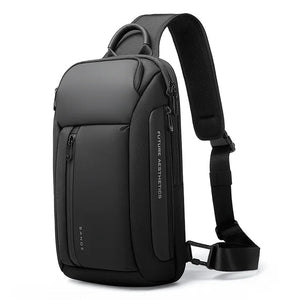 Grey compact waterproof crossbody bag with padded strap and front zip pocket