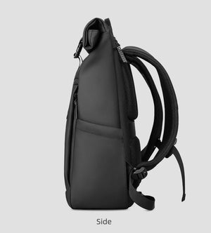 Black roll-top backpack side profile with adjustable shoulder straps