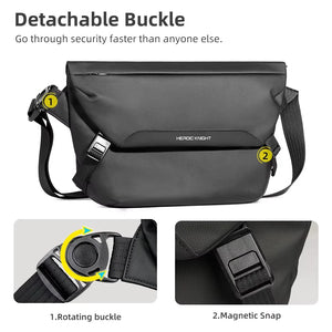 Black crossbody bag with rotating buckle and magnetic snap front closure