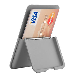 Grey leather magnetic card holder wallet with pop-up slot, holding a card and ID