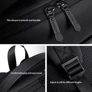 Close-up of durable zipper and adjustable straps on black backpack